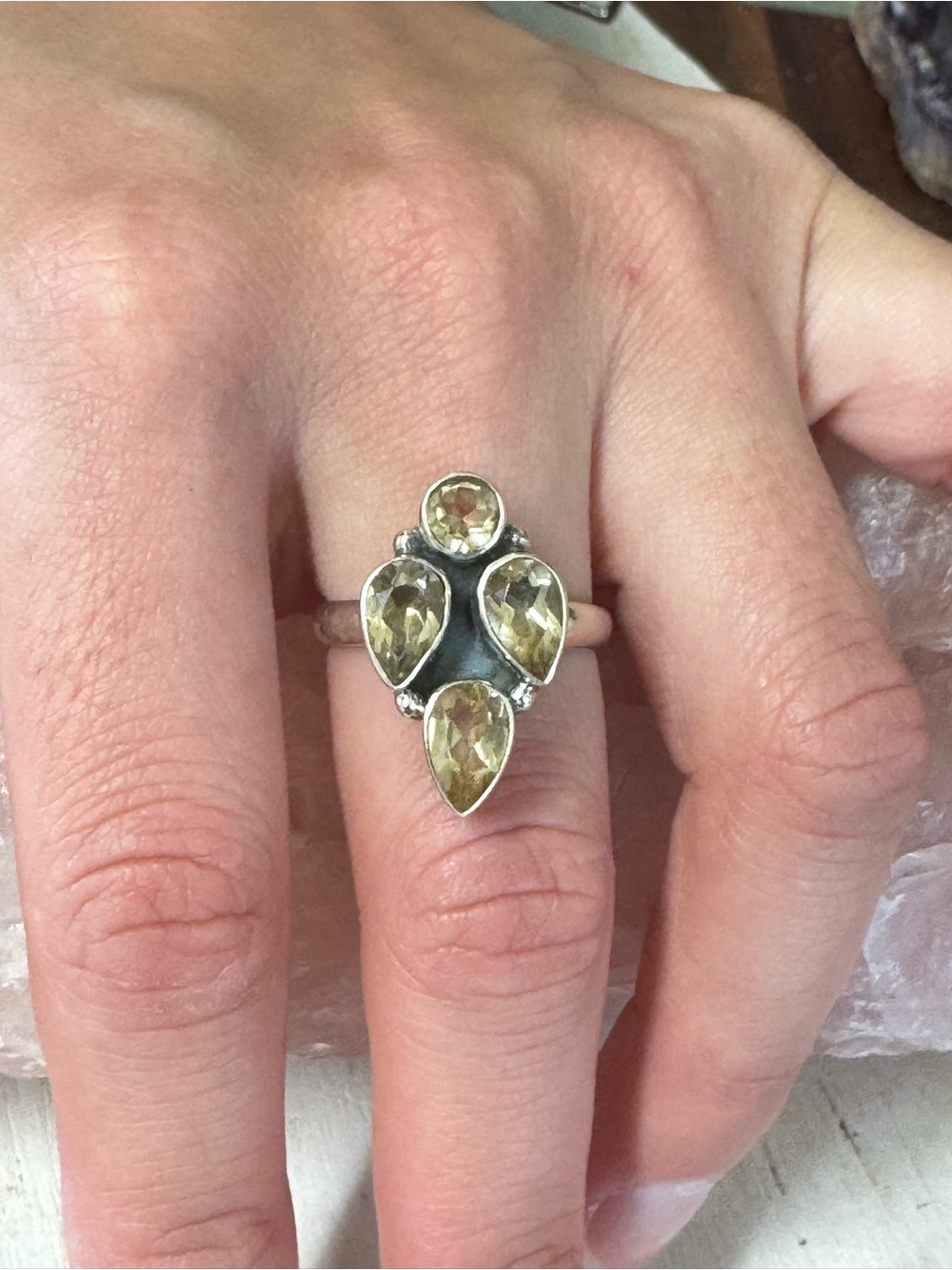 Citrine Sterling Silver Pear Cluster Ring - Size 8